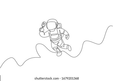 Single continuous line drawing of spaceman flying relax while eating popsicle ice cream in nebula galaxy. Fantasy fiction of outer space life concept. Trendy one line draw design vector illustration