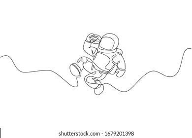 Single continuous line drawing of spaceman relaxing and eating sweet glazed donut in nebula galaxy. Fantasy fiction of outer space life concept. Trendy one line draw design graphic vector illustration