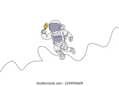 Single continuous line drawing of spaceman flying relax while eating popsicle ice cream in nebula galaxy. Fantasy fiction of outer space life concept. Trendy one line draw design vector illustration