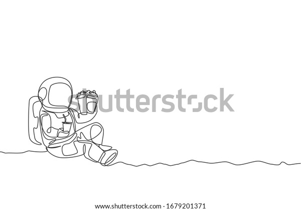 Single continuous line drawing of spaceman\
sitting relax on moon surface while eating french fries and\
drinking soft soda. Outer space life concept. Trendy one line draw\
design vector\
illustration
