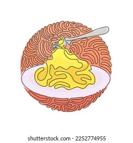 Single continuous line drawing spaghetti bolognese with fork on plate. Classic Italian pasta dish for lunch. Swirl curl circle background style. One line draw graphic design vector illustration