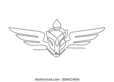 Single continuous line drawing spartan helmet with wings. Spartan warrior with wings logo, spartan angel. Warrior symbol flat icon isolated. Dynamic one line draw graphic design vector illustration