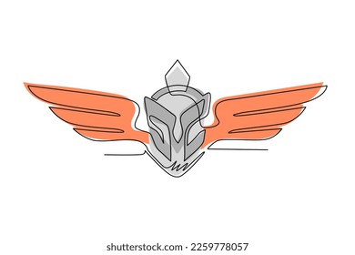 Single continuous line drawing spartan helmet with wings. Spartan warrior with wings logo, spartan angel. Warrior symbol flat icon isolated. Dynamic one line draw graphic design vector illustration