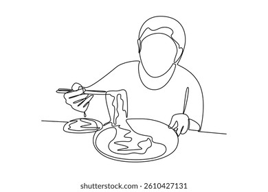 Single continuous line drawing of Spectators enjoy watching people consume lavish spreads in mukbangs. Food vlogger and food reviewer minimalist concept. Food illustration, simple line.