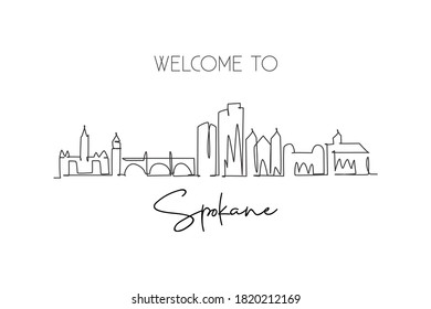 Single continuous line drawing of Spokane city skyline, Washington. Famous scraper landscape. World travel home wall decor art poster print concept. Modern one line draw design vector illustration