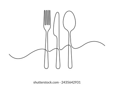 Single continuous line drawing of spoon, knife and fork. Isolated on white background vector illustration. Pro vector