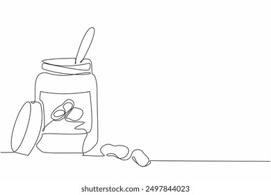 Single continuous line drawing a spoon in the peanut butter jar. Want to spread it to add to the delicious taste. Delectable. National Peanut Butter Lover’s Day. One line design vector illustration