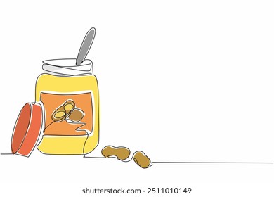 Single continuous line drawing a spoon in the peanut butter jar. Want to spread it to add to the delicious taste. Delectable. National Peanut Butter Lover’s Day. One line design vector illustration