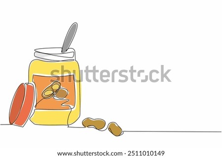 Single continuous line drawing a spoon in the peanut butter jar. Want to spread it to add to the delicious taste. Delectable. National Peanut Butter Lover’s Day. One line design vector illustration