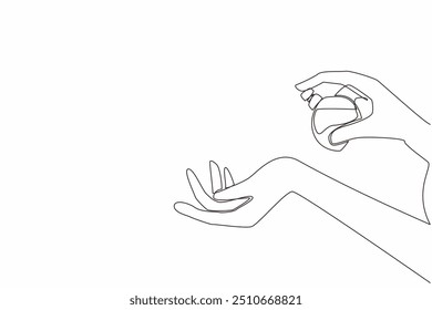 Single continuous line drawing spray perfume on the wrist. The location of body heat. Helps spread scent effectively. Timeless fragrance. National Fragrance Day. One line design vector illustration