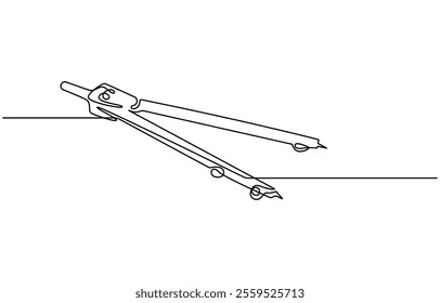 Single continuous line drawing of spring bow compass for drawing circle. Back to school minimalist style. One continuous line art of compass stationery tool drawn with single line. Can be used to make