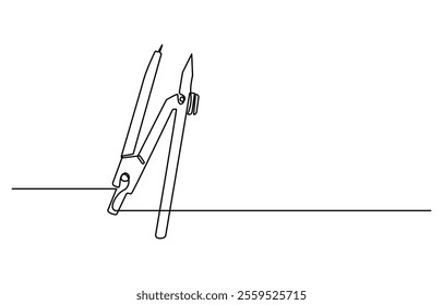 Single continuous line drawing of spring bow compass for drawing circle. Back to school minimalist style. One continuous line art of compass stationery tool drawn with single line. Can be used to make
