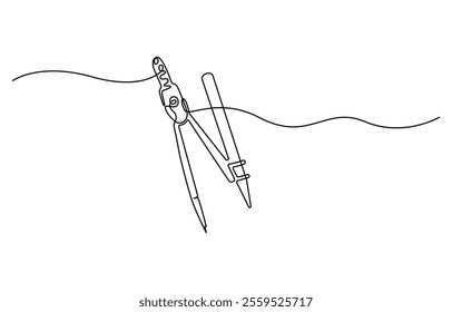 Single continuous line drawing of spring bow compass for drawing circle. Back to school minimalist style. One continuous line art of compass stationery tool drawn with single line. Can be used to make