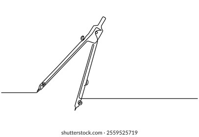 Single continuous line drawing of spring bow compass for drawing circle. Back to school minimalist style. One continuous line art of compass stationery tool drawn with single line. Can be used to make