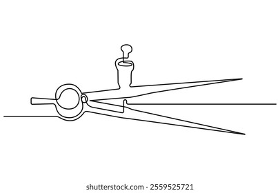 Single continuous line drawing of spring bow compass for drawing circle. Back to school minimalist style. One continuous line art of compass stationery tool drawn with single line. Can be used to make