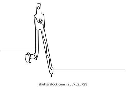 Single continuous line drawing of spring bow compass for drawing circle. Back to school minimalist style. One continuous line art of compass stationery tool drawn with single line. Can be used to make