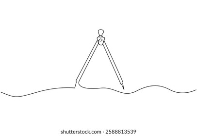 Single continuous line drawing of spring bow compass for drawing circle, Single continuous line drawing of springbow compass for drawing circle. Back to school minimalis.