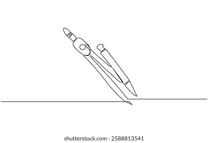 Single continuous line drawing of spring bow compass for drawing circle, Single continuous line drawing of springbow compass for drawing circle. Back to school minimalis.