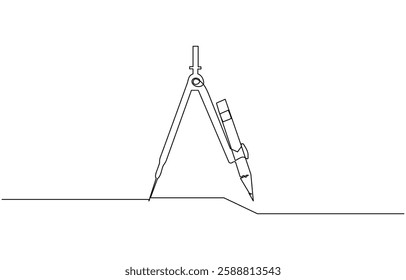 Single continuous line drawing of spring bow compass for drawing circle, Single continuous line drawing of springbow compass for drawing circle. Back to school minimalis.