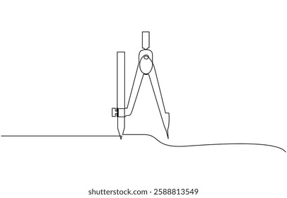 Single continuous line drawing of spring bow compass for drawing circle, Single continuous line drawing of springbow compass for drawing circle. Back to school minimalis.