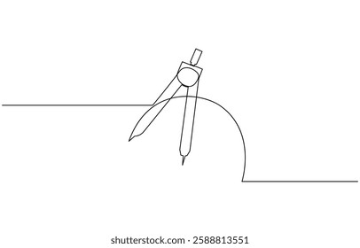 Single continuous line drawing of spring bow compass for drawing circle, Single continuous line drawing of springbow compass for drawing circle. Back to school minimalis.