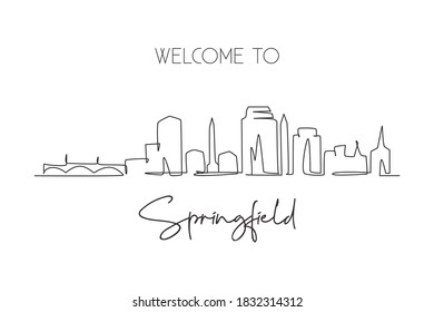 Single continuous line drawing Springfield skyline, Massachusetts. Famous city scraper landscape. World travel home wall decor art poster print concept. Modern one line draw design vector illustration