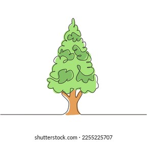Una línea continua dibujando abetos en pradera verde en la vista frontal aislado, bosque de abetos verde denso en los días soleados de verano, bosque europeo. ilustración vectorial de diseño gráfico de una línea