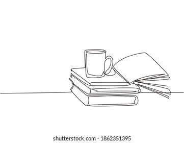 Single continuous line drawing stack books and mug coffee above library desk  Business   education concept  One line draw graphic design vector illustration