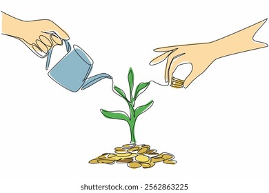 Single continuous line drawing stack of coins grow small plants. Symbolism of investment. Investing capital for profit growth. National Financial Awareness Day. One line design vector illustration