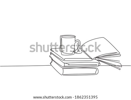 Single continuous line drawing of stack of books with a mug of coffee above on library desk. Business and education concept. One line draw graphic design vector illustration