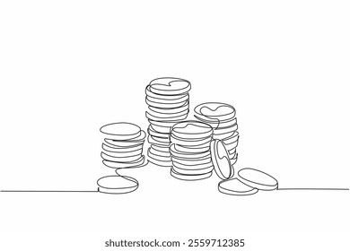 Single continuous line drawing the stacks of coins of varying heights. Gold coin money. Financial readiness is still inadequate. Different abilities. Coin Week. One line design vector illustration