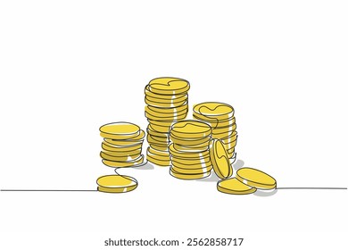 Single continuous line drawing the stacks of coins of varying heights. Gold coin money. Financial readiness is still inadequate. Different abilities. Coin Week. One line design vector illustration