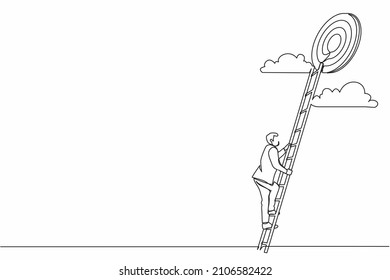 Single continuous line drawing stairs to goal. Businessman in suit rises up stairs to top of target. Business concept. Achieving goal. Ladder sky. Strategy to aim. One line draw graphic design vector