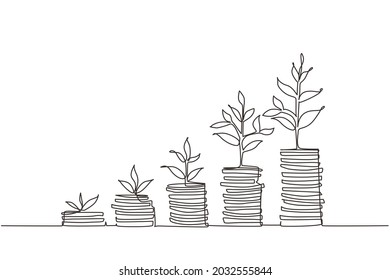 Single continuous line drawing step of coins stacks, money, saving and investment or family planning. Concept for return money saving and investment. One line draw graphic design vector illustration - Shutterstock ID 2032555844