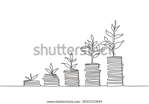 Single continuous line drawing step of coins\
stacks, money, saving and investment or family planning. Concept\
for return money saving and investment. One line draw graphic\
design vector\
illustration