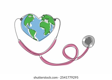Single continuous line drawing stethoscope worn on heart-shaped globe. Global health. A healthy earth provides the best quality for all creatures. World Health Day. One line design vector illustration