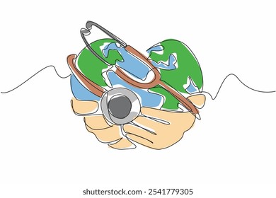 Estetoscópio de desenho de linha única contínua usado em um globo em forma de coração. Saúde é prazer. Terra saudável, sociedade saudável. Presente de saúde. Símbolo. Dia Mundial da Saúde. Ilustração de vetor de design de uma linha