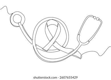 Single continuous line drawing stethoscope with coiled cable and in the middle is a blue campaign ribbon. Care about preventing. National Tuberous Sclerosis Day. One line design vector illustration