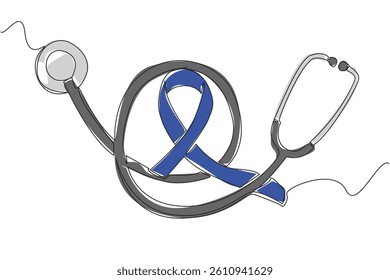 Single continuous line drawing stethoscope with coiled cable and in the middle is a blue campaign ribbon. Care about preventing. National Tuberous Sclerosis Day. One line design vector illustration