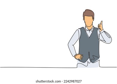 Single continuous line drawing the steward with a thumbs-up gesture is ready to serve airplane passengers in a friendly and warm manner. Dynamic one line draw graphic design vector illustration.