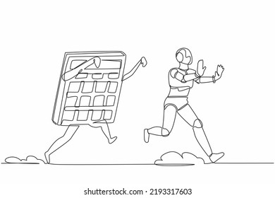 Single continuous line drawing stress robot being chased by calculator. Difficult in calculations of business project. Robotic artificial intelligence. One line draw graphic design vector illustration