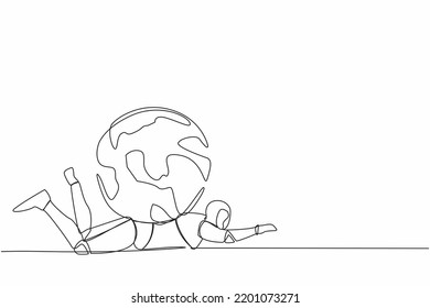 Single continuous line drawing stress robot under heavy globe burden. Earth exploitation, industrial pollution. World economic crisis. Technology development. One line draw design vector illustration