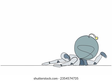 Robot de estrés de dibujo continuo de una sola línea bajo pesada carga de bomba. Robot en explosión de deuda. Problema de crisis financiera. Desarrollo tecnológico futuro. ilustración vectorial de diseño gráfico de una línea