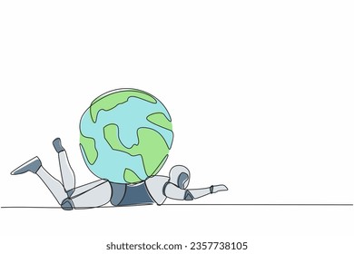 Single continuous line drawing stress robot under heavy globe burden. Earth exploitation, industrial pollution. World economic crisis. Technology development. One line draw design vector illustration