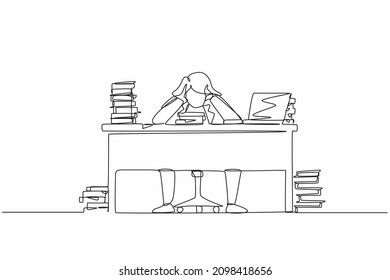 Single continuous line drawing stressed businesswoman throwing tantrum in office holding her hands to his head shouting while seated at a desk surrounded by files. One line draw graphic design vector