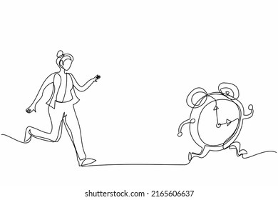 Single continuous line drawing stressed businesswoman chasing alarm clock. Manager being chased by work deadlines. Running out of time. Business metaphor. One line graphic design vector illustration