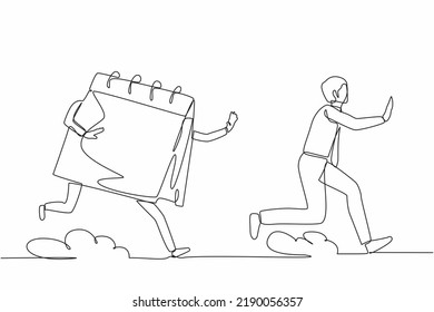 Single continuous line drawing stressed businessman being chased by calendar. Office worker chased by work deadlines, project schedule. Minimalism metaphor. One line graphic design vector illustration