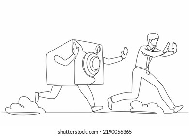 Un único dibujo de línea continua estresado hombre de negocios perseguido por caja de seguridad. Gestor perseguido por sistema seguro, protección, banca, financiero. ilustración vectorial de diseño gráfico de una línea