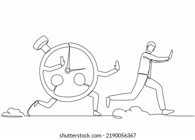 Single continuous line drawing stressed businessman being chased by stopwatch. Manager chased by measurement, time management, effective planning concept. One line graphic design vector illustration