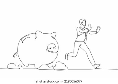 Single continuous line drawing stressed businessman being chased by piggy bank. Financial crisis, economic disaster. Minimal metaphor concept. Dynamic one line draw graphic design vector illustration